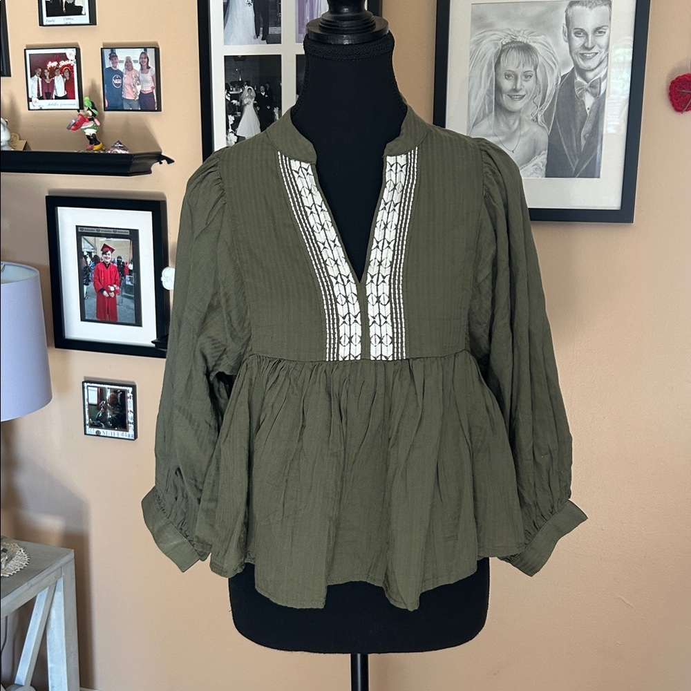 Banana Republic Khaki Blouse with Cream Accents